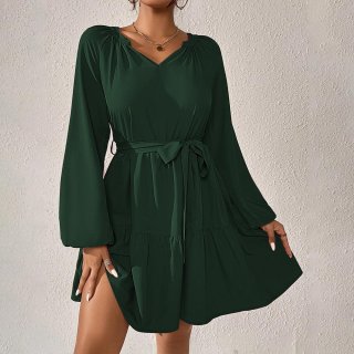 Elegant Dark Green 100% Polyester V-Neck Long Puff Sleeve Layered Ruffle Mini Dress with Belted Waist for Women Daily Party Office Commuter Outfits