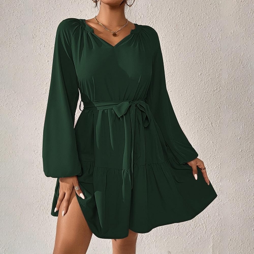 Elegant Dark Green 100% Polyester V-Neck Long Puff Sleeve Layered Ruffle Mini Dress with Belted Waist for Women Daily Party Office Commuter Outfits