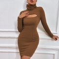 Sexy Hollow Out High Neck Bodycon Mini Dress For Women Solid Color Long Sleeve Ribbed Knit Slim Fit Short Pencil Dress Cotton Blend Autumn Winter Fashion