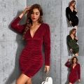 Women Sexy V Neck Ruched Velvet Dress Long Sleeve Bodycon Mini Party Dress For Night Out Clubwear Solid Color Autumn Winter Elegant Slim Fit Gown