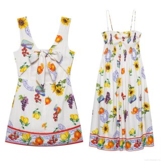 Mediterranean Sicily Fruit Sunflower Sardine Print Women's Backless Bow Mini Dress And Smocking Spaghetti Strap Maxi Dress Summer Holiday Outfits