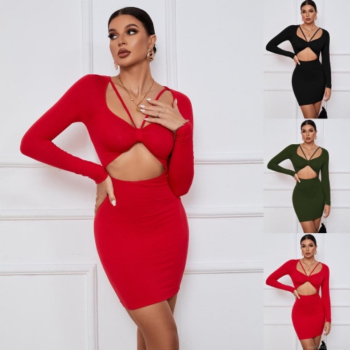 Women Sexy Hollow Out Bodycon Mini Dress Long Sleeve V Neck Halter Rayon Spandex Knitted Party Club Night Out Y2K Slim Fit Dress