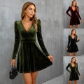 Mini A-Line Dress Elegant Velvet V Neck Leg-Of-Mutton Sleeve High Waist Slim Fit Solid Color Party Evening Dress For Women
