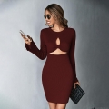 Women Sexy Cutout Twist Front Knit Mini Dress Flare Long Sleeve Bodycon Dress Ribbed Waffle Texture Polyester Spandex Dress Party Clubwear Lady