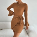 Women Sexy Waffle Knit Bodycon Dress Long Flare Sleeve Round Neck Slim Fit Tie Waist Solid Color Polyester Spandex Mini Dress For Lady
