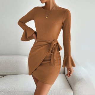Women Sexy Waffle Knit Bodycon Dress Long Flare Sleeve Round Neck Slim Fit Tie Waist Solid Color Polyester Spandex Mini Dress For Lady