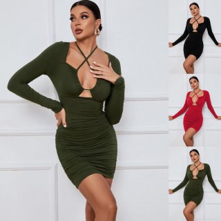 Women Sexy Criss Cross Halter Neck Ruched Bodycon Mini Dress Long Sleeve Hollow Out Slim Fit Elegant Party Evening Night Out Knit Short Dresses