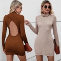 Women Sexy Backless Knit Mini Dress Mock Neck Long Sleeve Bodycon Ribbed Polyester Cotton Blend Elegant Autumn Winter Casual Party Evening Dress