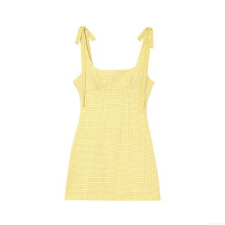 Women Yellow White Gingham Plaid Mini Dress Square Neck Bow Tie Shoulder Sleeveless Seersucker Bodycon Cami Dress Summer Casual Streetwear