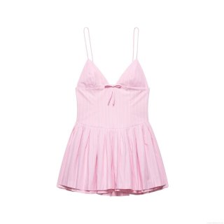Women Sweet Pink White Vertical Stripe Cami Mini Dress Bow Knot Decor Pleated Hem V Neck Polyester Summer Dress For Casual Beach Party Street Style