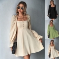 Women French Retro Square Neck Long Puff Sleeve Mini Dress 100% Cotton Solid Color Button Front A-Line Short Dress For Casual Vacation Party Elegant Ladies Summer Apparel
