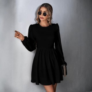 Women's Dress Sexy Backless Long Sleeve Mini A-Line 100% Polyester Waist-Cinching Puff Sleeve Sweet Fresh Solid Color Tie Back Short Dress