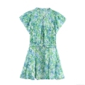 Women Summer Floral Print V Neck Single Breasted Dress Short Sleeve Waist Tie A-Line Mini Dress For Vacation Beach Street Style Casual Wear