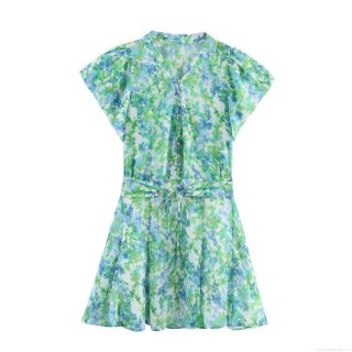 Women Summer Floral Print V Neck Single Breasted Dress Short Sleeve Waist Tie A-Line Mini Dress For Vacation Beach Street Style Casual Wear