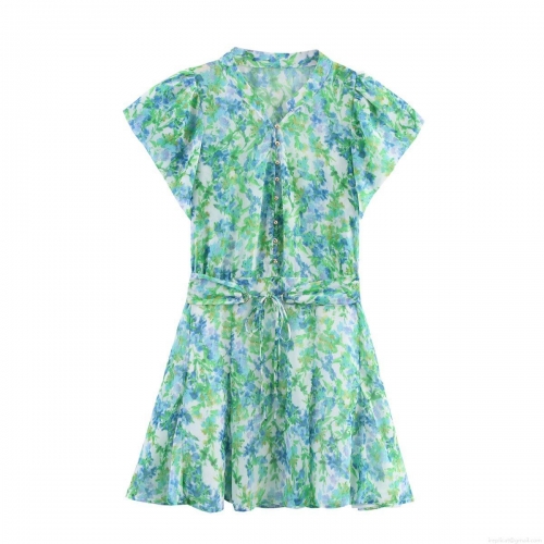 Women Summer Floral Print V Neck Single Breasted Dress Short Sleeve Waist Tie A-Line Mini Dress For Vacation Beach Street Style Casual Wear