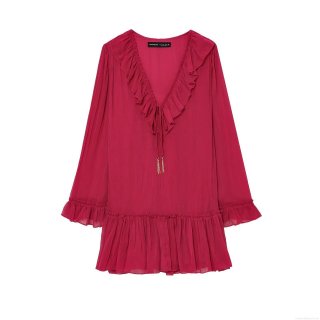 Women's Elegant V-Neck Ruffle Pleated Long Sleeve Dress Solid Color Magenta Chiffon Crepe A-Line Mini Dress With Tassel Drawstring For Party Dating
