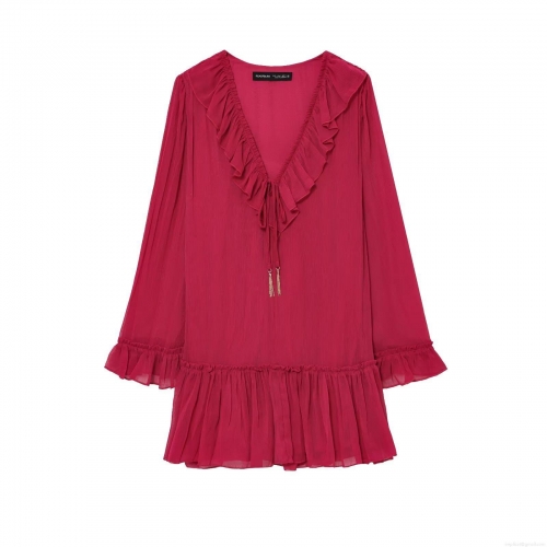 Women's Elegant V-Neck Ruffle Pleated Long Sleeve Dress Solid Color Magenta Chiffon Crepe A-Line Mini Dress With Tassel Drawstring For Party Dating