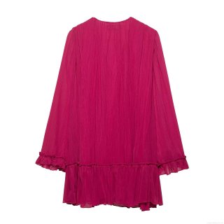 Women's V-Neck Ruffle Dress Pleated Long Sleeve Solid Color Bohemian Mini Dress With Tassel Drawstring For Casual Summer Party Dating