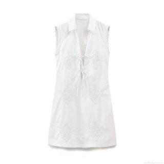 Women White Sleeveless Shirt Dress Cotton Blend Lace Embroidery Lace-Up V-Neck Lapel Mini A-Line Dress Summer Vacation Streetwear Fashion