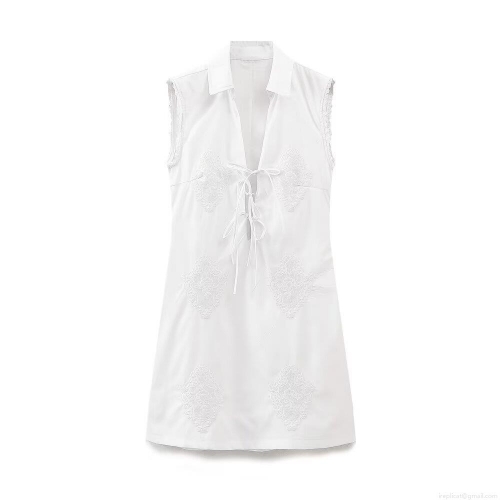 Women White Sleeveless Shirt Dress Cotton Blend Lace Embroidery Lace-Up V-Neck Lapel Mini A-Line Dress Summer Vacation Streetwear Fashion