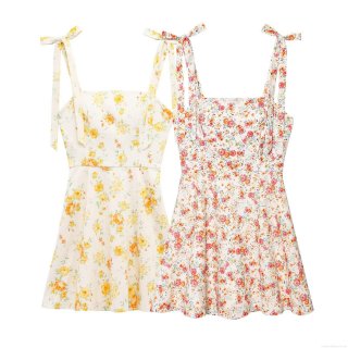Women's Floral Print Cami Mini Dress With Bow Tie Straps Square Neck Polyester Spandex Slim Fit Back Zipper A-Line Summer Vacation Beach Dress