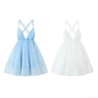 Women's Sexy Deep V Neck Backless Tutu Dress 100% Polyester Mesh Tulle Lace-Up Cross Spaghetti Straps Fluffy Flare Short Mini Dress For Summer Party Cocktail Wedding Clubwear