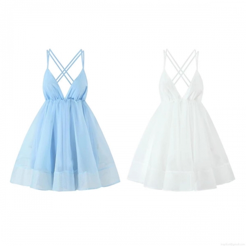 Women's Sexy Deep V Neck Backless Tutu Dress 100% Polyester Mesh Tulle Lace-Up Cross Spaghetti Straps Fluffy Flare Short Mini Dress For Summer Party Cocktail Wedding Clubwear