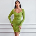 Women's Ribbed Knit Bodycon Mini Dress Long Sleeve Mock Two Piece Halter Cut Out Ruched Drawstring Side Slit Slim Fit Short Dress For Casual Party