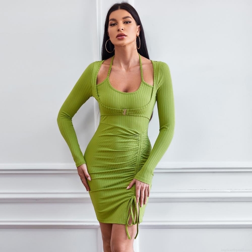 Women's Ribbed Knit Bodycon Mini Dress Long Sleeve Mock Two Piece Halter Cut Out Ruched Drawstring Side Slit Slim Fit Short Dress For Casual Party