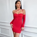 Women Sexy Red Bodycon Mini Dress Asymmetric Sling Backless Nightclub Party Dress With Separate Long Sleeves Rayon Spandex Clubwear