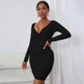 Sexy Deep V-Neck Knot Front Bodycon Dress Women Ribbed Knit Long Sleeve Mini Party Dress Elegant Slim Fit Elastic Clubwear Solid Color Pullover Chic Robe