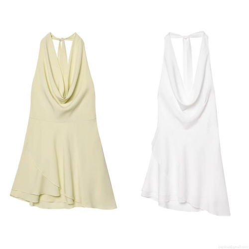 Sexy Women Cowl Neck Halter Backless Mini Dress Sleeveless Layered Ruffle Hem Satin Polyester Short Dress For Summer Party Club Date Night