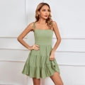 Women 100% Cotton Summer Tiered Mini Dress Square Neck Tied Straps Cami High Waist Ruffle Cake Dress For Beach Vacation Resort Casual Party