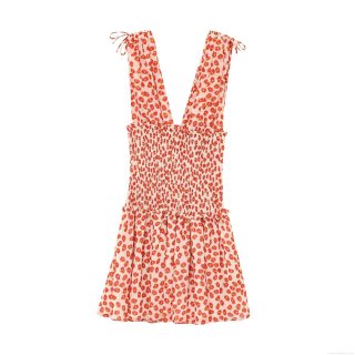 Women's Red Floral Print V-Neck Camisole Dress Bow Shoulder Tie Smocked Waist A-Line Mini Dress Summer Casual Party Boho Style Lightweight Chiffon Sundress