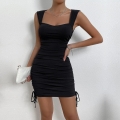 Women Sexy Slim Fit Knitted Mini Dress Sleeveless Square Neck Ruched Drawstring Bodycon Party Dress Viscose Polyester Blend Solid Black