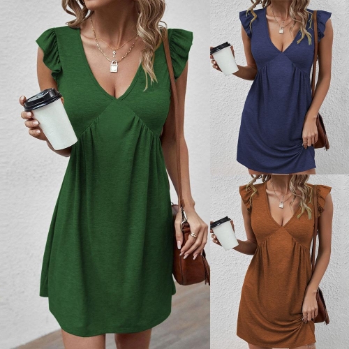 Women Summer Sexy V Neck Sleeveless Ruffle Mini Dress Casual Solid Color High Waist A-Line Knitted Rayon Polyester Blend Party Sundress