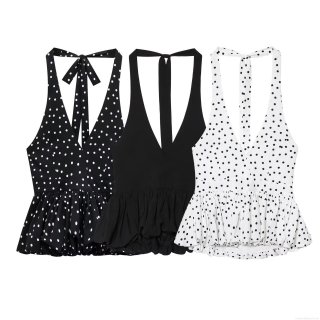 Women Summer Sexy V-Neck Backless Polka Dot Halter Neck Mini Dress Polyester Ruffle Hem Sleeveless Streetwear Party Club Outfits For Lady