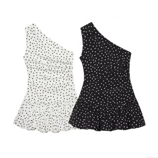 Women Polka Dot One Shoulder Dress Asymmetric Ruched Ruffle Hem Sleeveless Bodycon Mini Dress For Party Club Night Out Summer Chic Polyester Outfit