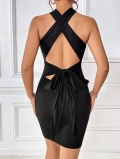 Sexy Backless Halter Neck Bodycon Mini Dress For Women Elegant Cross Tie Back Big Bow Decoration Cotton Blend Slim Fit Clubwear Party Dress