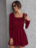 Women's Elegant Square Neck Long Sleeve Ribbed Velvet Dress Slim Fit High Waist A-Line Mini Dress For Party Evening Clubwear Solid Wine Red