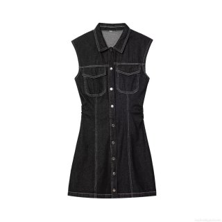 Women's Summer Fashion Black Denim Sleeveless Mini Dress Contrast White Stitching Lapel Single Breasted A-Line Vest Dress With Pockets