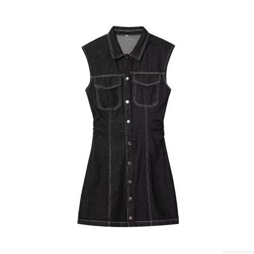 Women's Summer Fashion Black Denim Sleeveless Mini Dress Contrast White Stitching Lapel Single Breasted A-Line Vest Dress With Pockets
