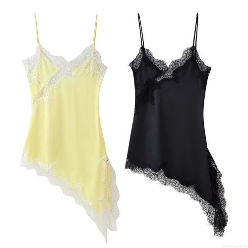 Women European Style Asymmetric Lace Patchwork Slip Dress Satin Polyester V Neck Sleeveless Mini Dress Fashion Streetwear Sexy Party Dress