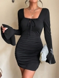 Women's Sexy Backless Bodycon Mini Dress Viscose Elastane Knit Square Neck Ruched Drawstring Long Flare Sleeve Slim Fit Club Party Outfit