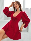 Women's Sexy V Neck Puff Long Sleeve Mini Dress Elegant Cut Out Tie Front 100% Polyester Knitted A-Line Party Club Short Dress For Women