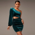 Women's Sexy One Shoulder Velvet Dress Ruched Cut-out Mini Bodycon Evening Party Night Club Dress Elegant Long Sleeve Slim Fit Polyester Spandex Short Dress