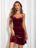 Women Sexy Backless Velvet Cowl Neck Mini Dress Spaghetti Strap Criss-Cross Back Slim Fit Bodycon Party Evening Dress For Ladies Burgundy Polyester Blend