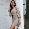 Women's Knit Bodycon Mini Dress Cotton Blend Puff Long Sleeve Round Neck Solid Color Elegant Sexy Slim Fit Party Dress For Autumn Winter
