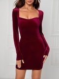Women's Sexy Polyester Elastane Velvet Bodycon Mini Dress Square Neck Long Sleeve Slim Fit Party Cocktail Evening Club Short Dress