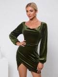 Sexy Velvet Ruched Drape Neck Mini Dress Women Elegant Long Puff Sleeve Bodycon Split Hem Party Banquet Evening Gown Dress 95% Polyester 5% Elastane